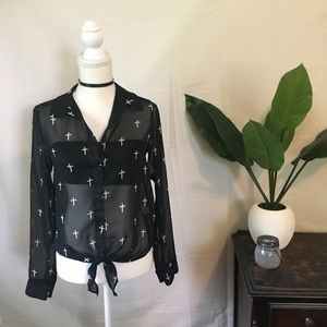 Vintage Havana Tops - ✝️ Sheer Black Button-Up Top With Crosses ✝️ Vintage Havana Tops - ✝️ Sheer Black Button-Up Top With Crosses ✝️